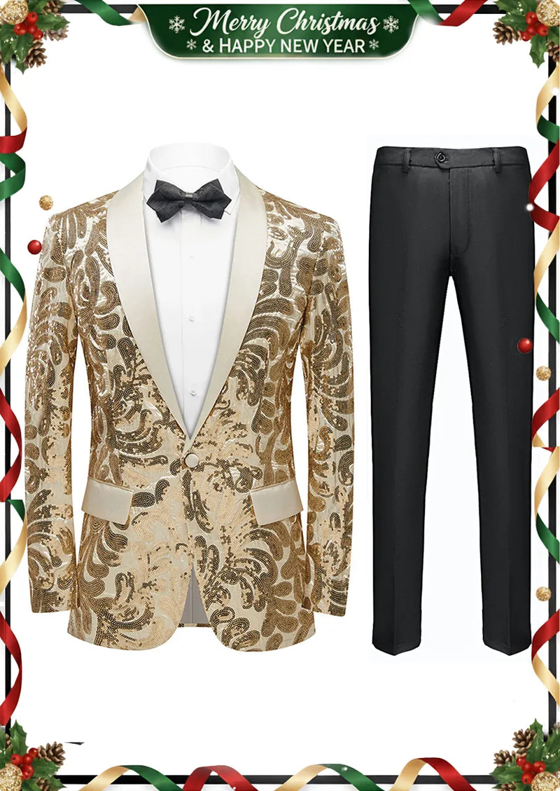Men's Exquisite Shawl Lapel Floral Sequin Champagne Tuxedo Jacket