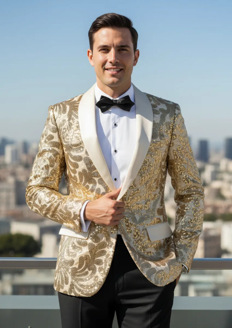 Chaqueta de esmoquin con solapa chal y lentejuelas florales color champán para hombre
