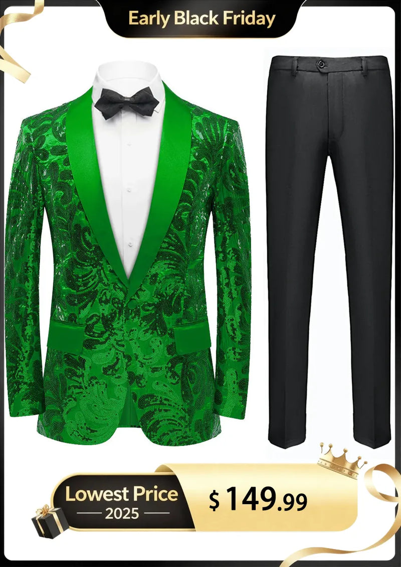 Men's Exquisite Shawl Lapel Floral Sequin Green Tuxedo Jacket