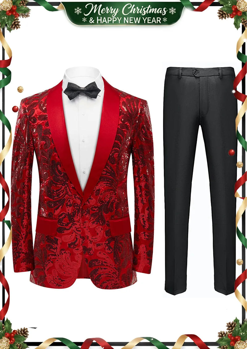 Veste de smoking rouge à paillettes et fleurs pour homme, exquise, à revers châle