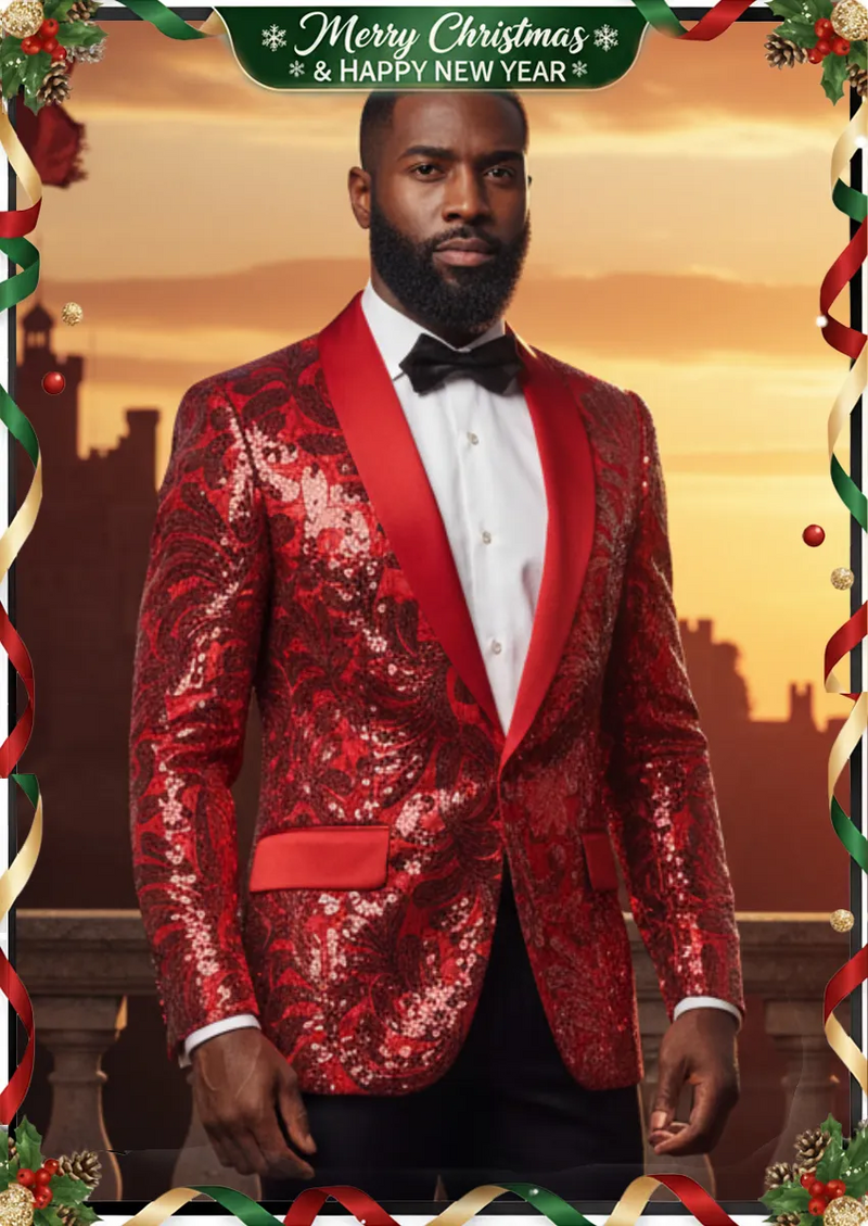 Chaqueta de esmoquin roja con lentejuelas y estampado floral con solapa chal para hombre