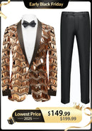 Esmoquin de oro rosa con borlas y lentejuelas con flecos para hombre