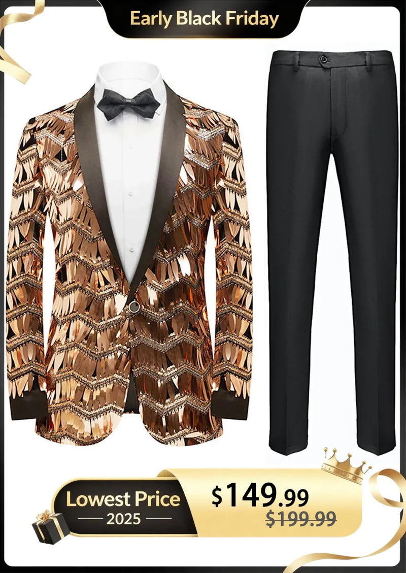 Esmoquin de oro rosa con borlas y lentejuelas con flecos para hombre