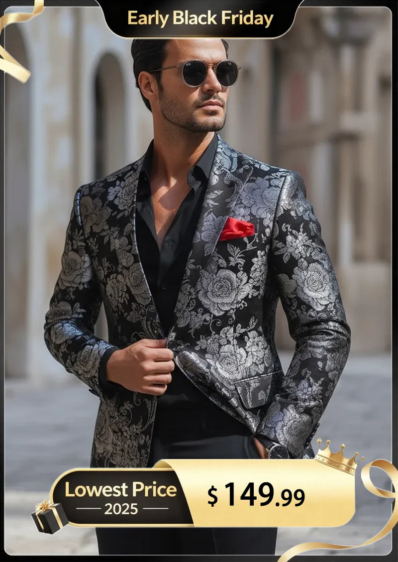 Men's Fashion Silver Peony Jacquard Black Blazer