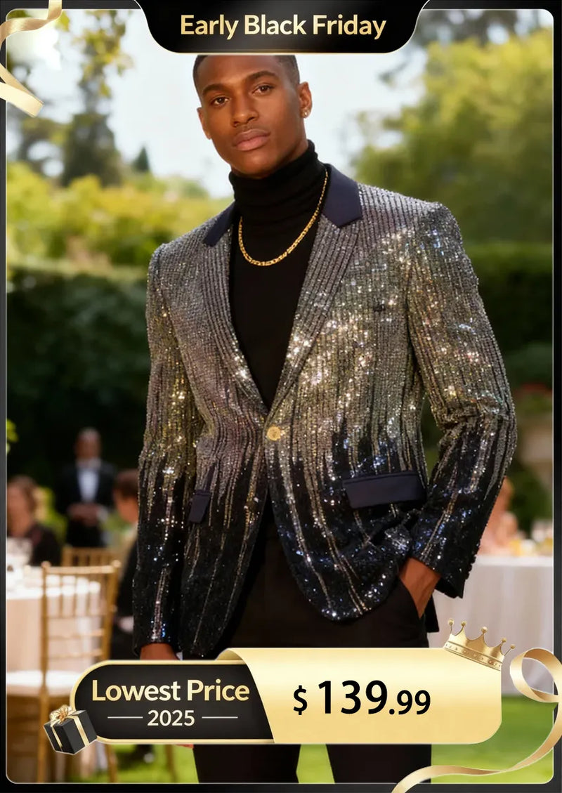 Chaqueta de esmoquin azul marino con borlas doradas y lentejuelas para hombre para escenario