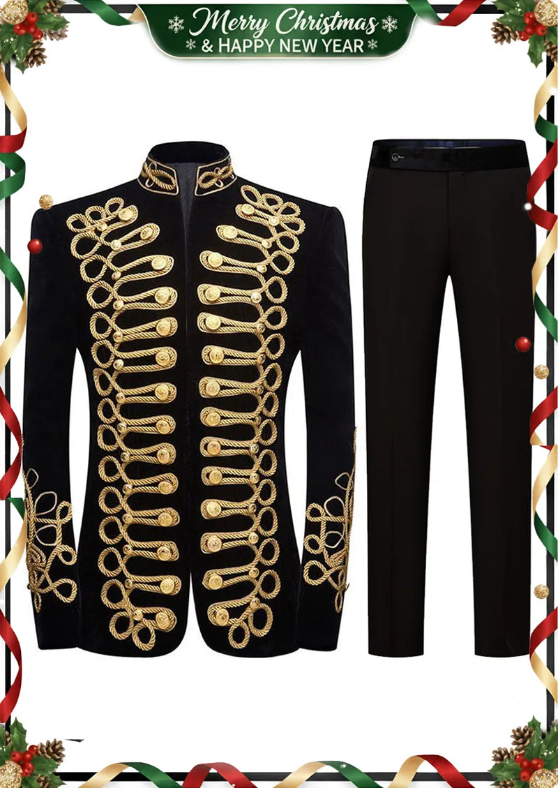 Men's Gold Aigillette Decorated Mandarin Collar Black Jacket