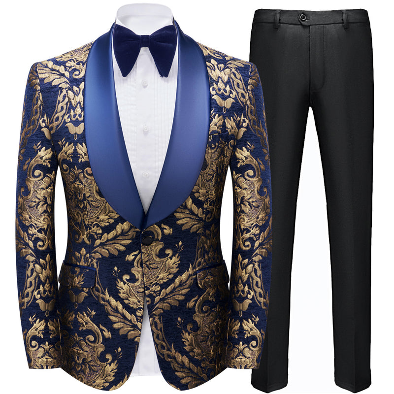 Men's Gold Damask Jacquard Royal Blue Tuxedo
