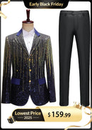 Men's Gold Sequin Tassel Navy Blue Dinner Jacket for Stage