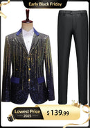Men's Gold Sequin Tassel Navy Blue Dinner Jacket for Stage