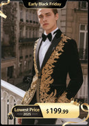 Men's Luxury Gold Embroidered Black Velvet Tuxedo Blazer