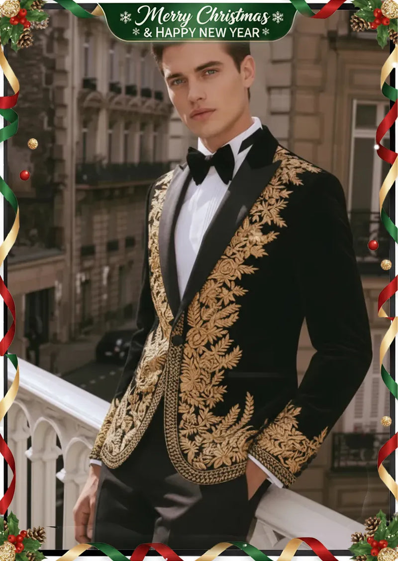 Smoking de luxe en velours noir brodé doré pour homme