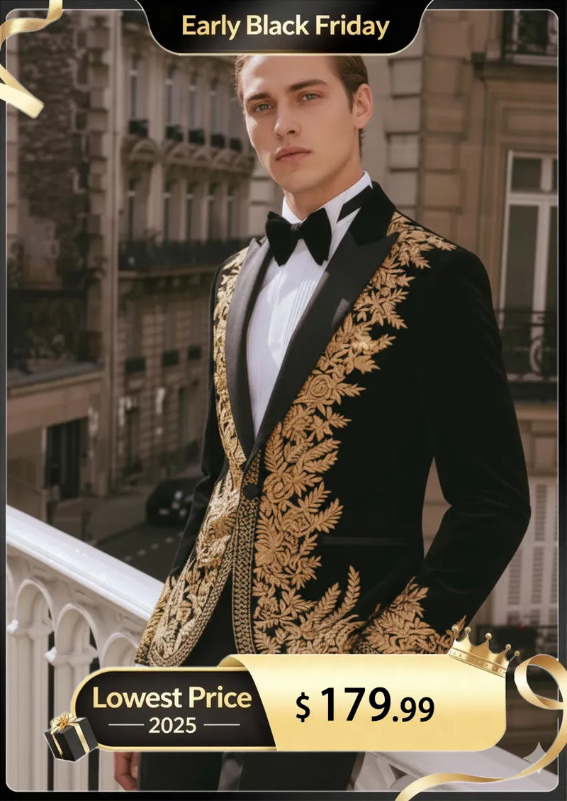 Smoking de luxe en velours noir brodé doré pour homme