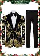 Smoking de luxe en velours noir brodé de fleurs dorées pour homme