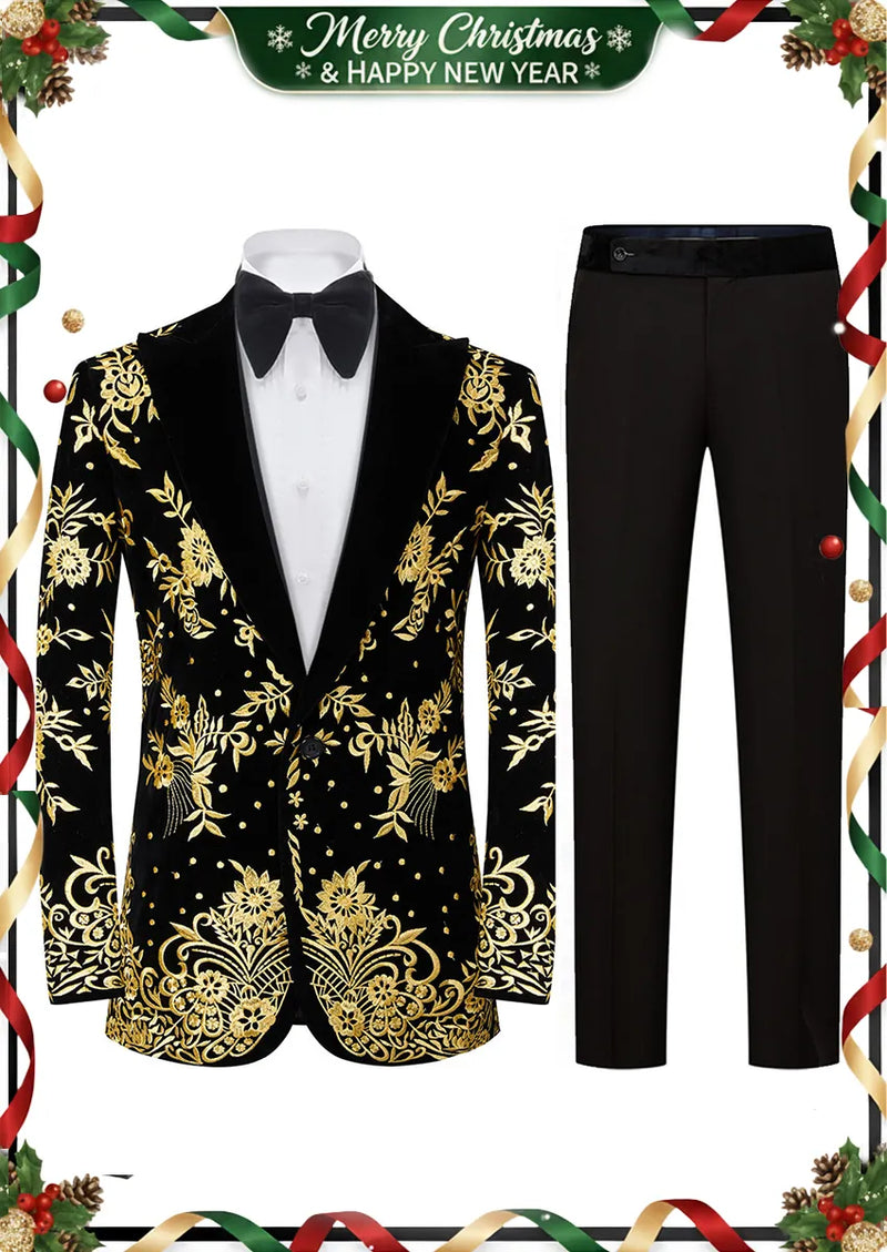 Smoking de luxe en velours noir brodé de fleurs dorées pour homme