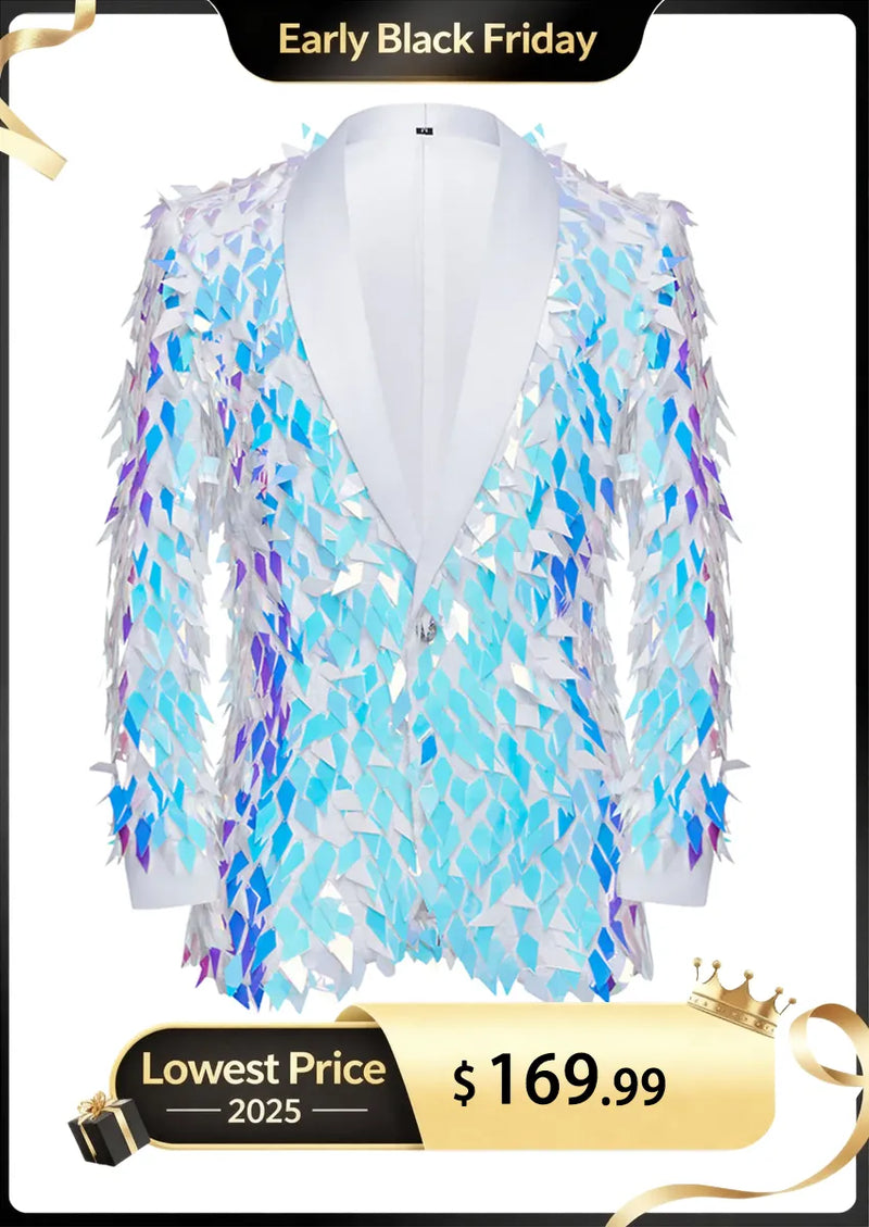 Men's One-Button Geometric Sequin Light Blue Tuxedo