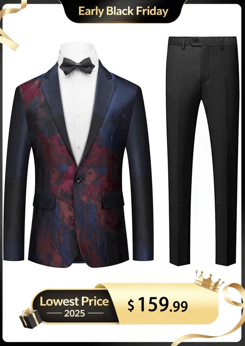 Men's One-Button Ink Painting Style Dark Navy Jacket