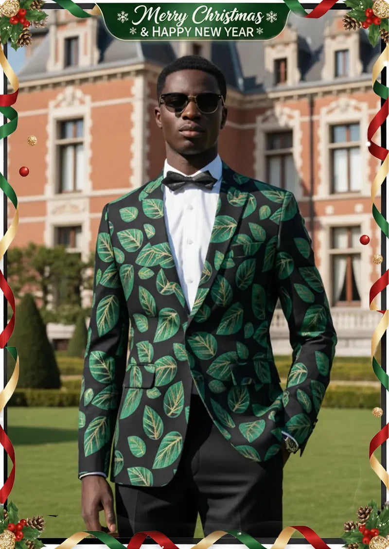 Veste homme noire en jacquard à feuilles vertes à un bouton