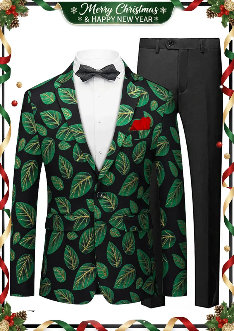 Chaqueta negra de jacquard con hojas verdes y un botón para hombre