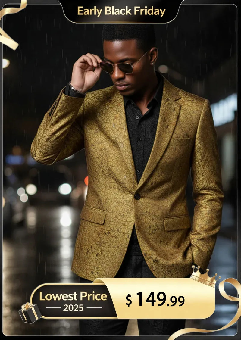 Men's One Button Notched Lapel Gold Metallic Crackle Blazer