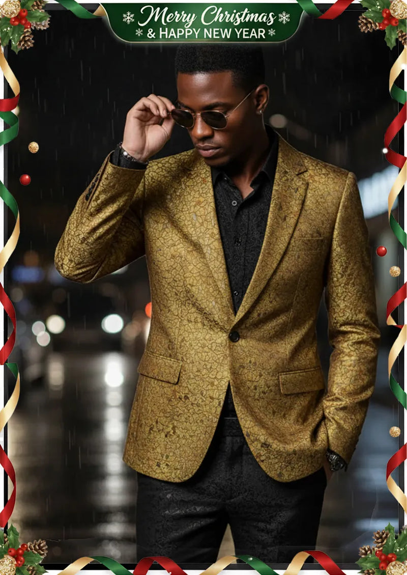 Men's One Button Notched Lapel Gold Metallic Crackle Blazer