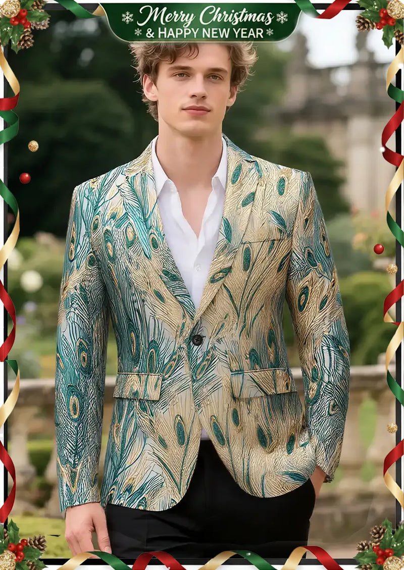 Veste de smoking pour homme en jacquard à plumes de paon et champagne