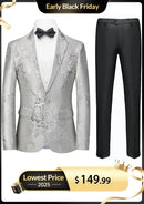 Men's Peak Lapel One Button Jacquard Silver Tuxedo