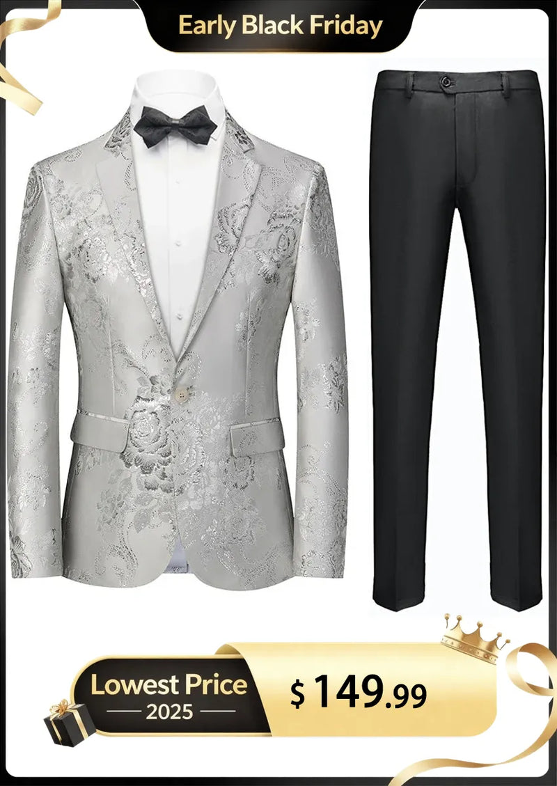 Men's Peak Lapel One Button Jacquard Silver Tuxedo