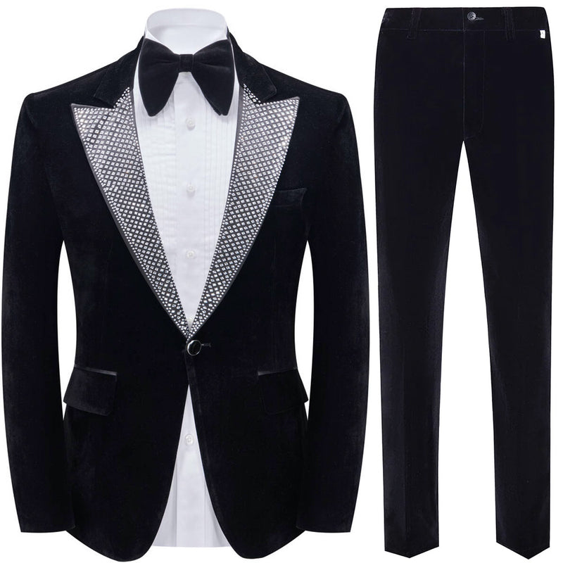 Men's Peak Lapel with Rhinestone Luxury Velvet Black Tuxedo
