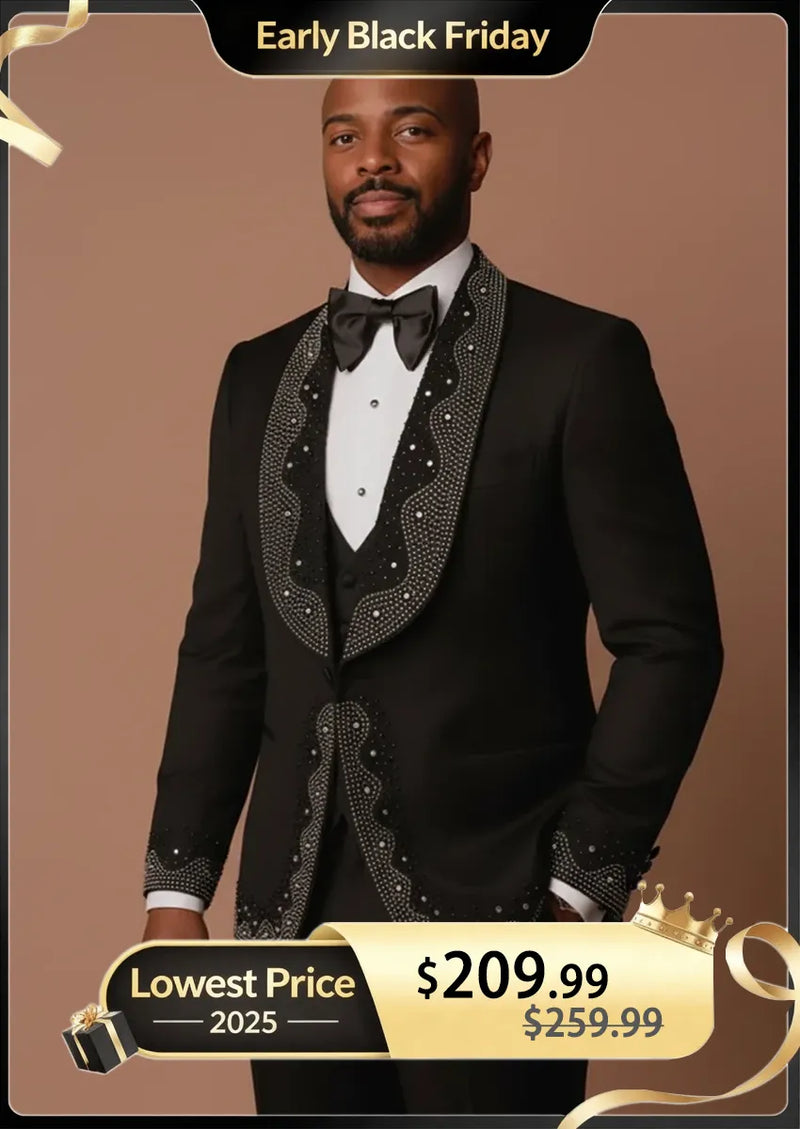 Esmoquin negro de tres piezas con adornos de diamantes de imitación para hombre