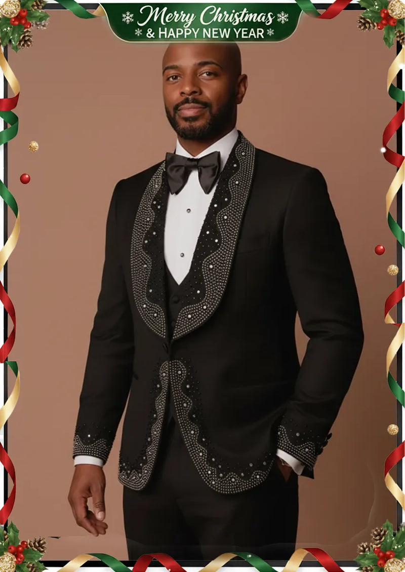 Smoking de mariage noir 3 pièces pour homme avec strass