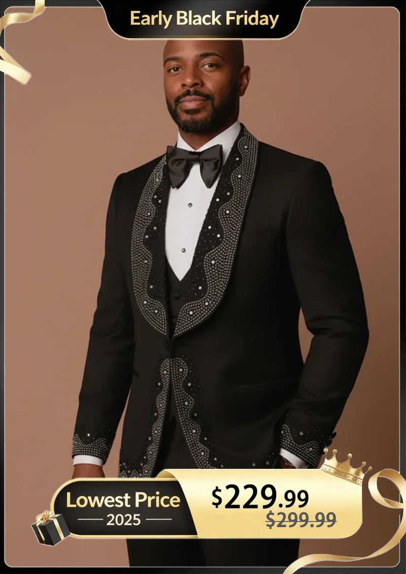 Men's Rhinestone Embellishments 3-Piece Wedding Black Tuxedo