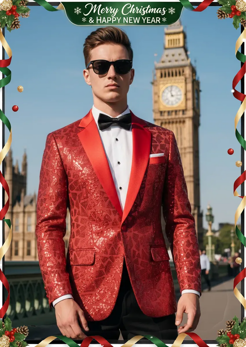 red sequin geometric mosaic tuxedo