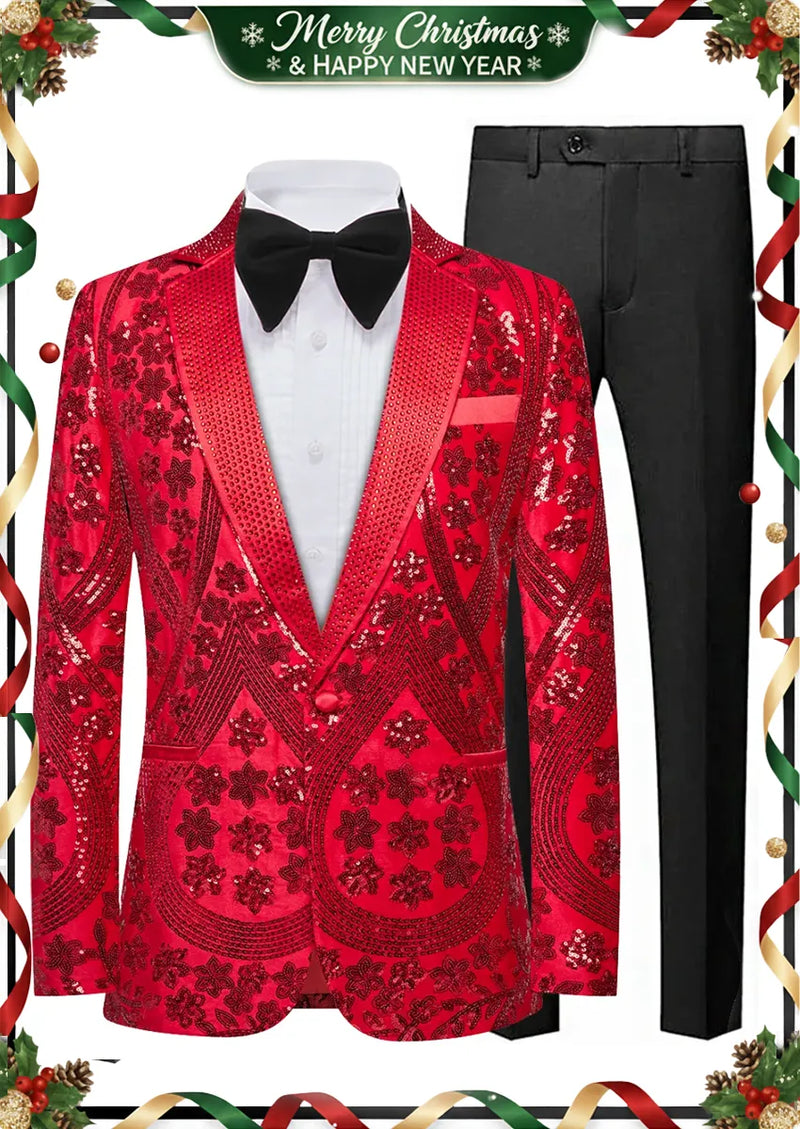Men's Sequin Six-pointed Star Red Luxury Tuxedo