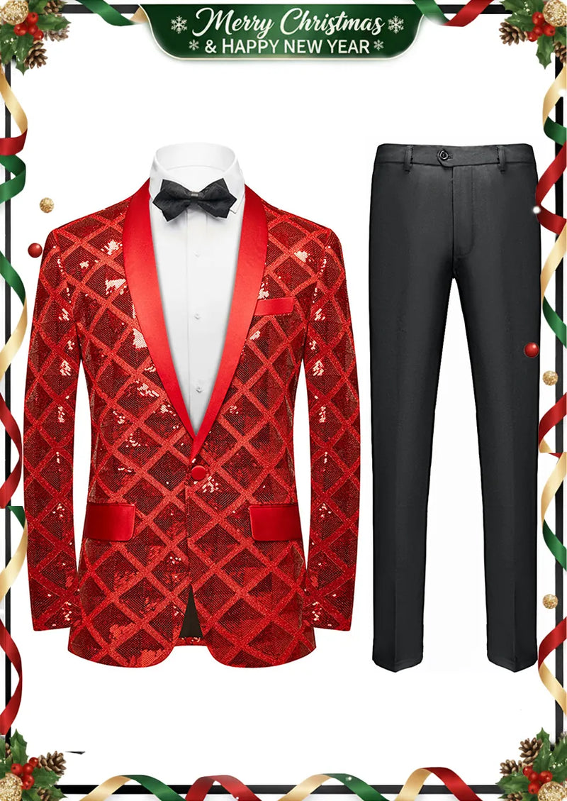 Chaqueta de esmoquin roja con estampado de rombos brillantes para hombre