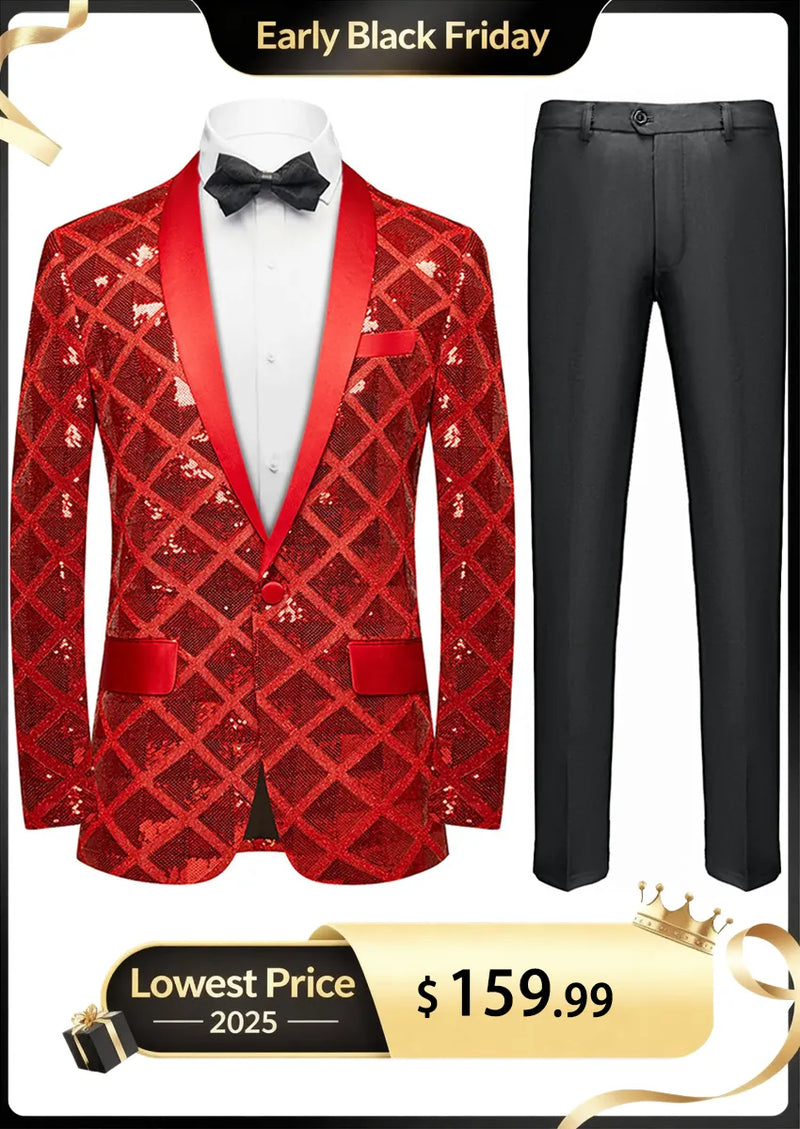 Men's Shimmering Argyle Pattern Red Dinner Jacket