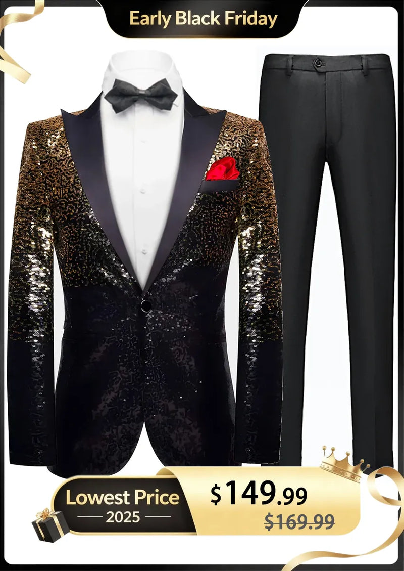 Men's Shimmering Gradient Sequin Tuxedo Jacket Gold Black