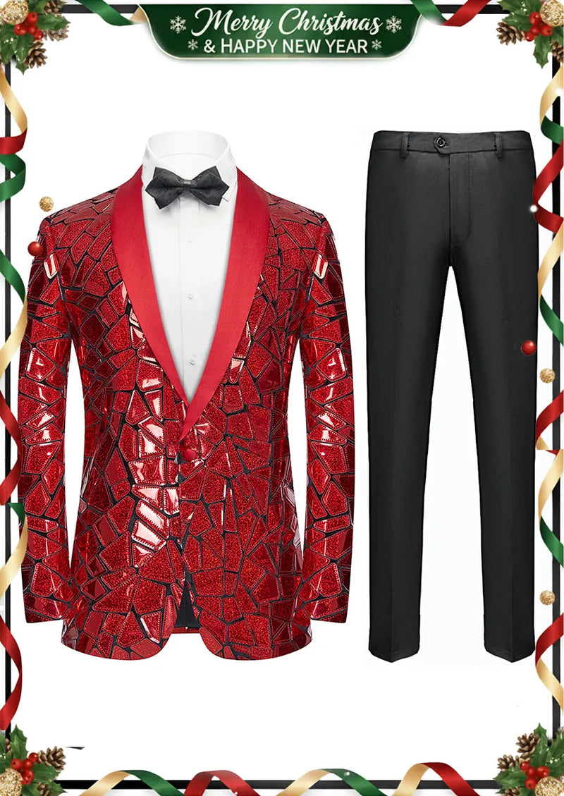 Traje de fiesta magenta con parches geométricos espejados únicos para hombre