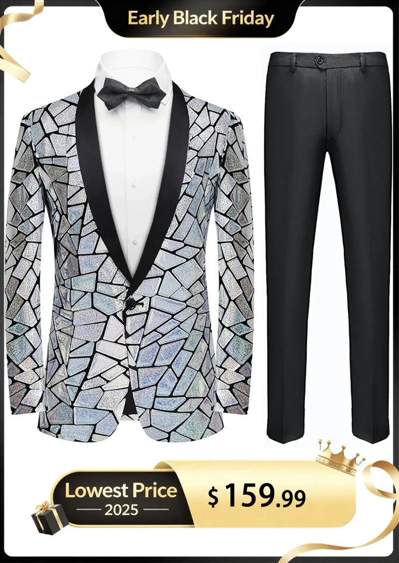 Men's Unique Mirrored Geometric Patchwork Silver Prom Suit