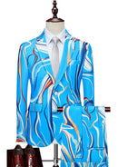 Blue patterned suit jacket on a mannequin with matching pants and shoes.