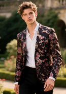black suit with embroidered pink flowers and birds