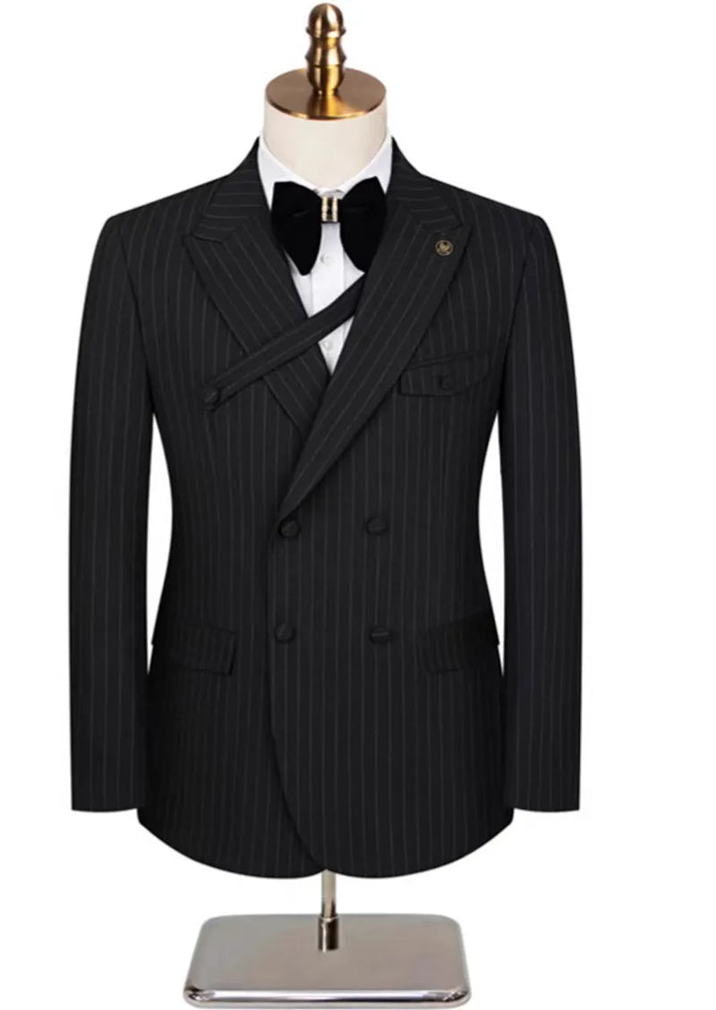 Traje casual negro de dos piezas con cuello y rayas decorativas para hombre