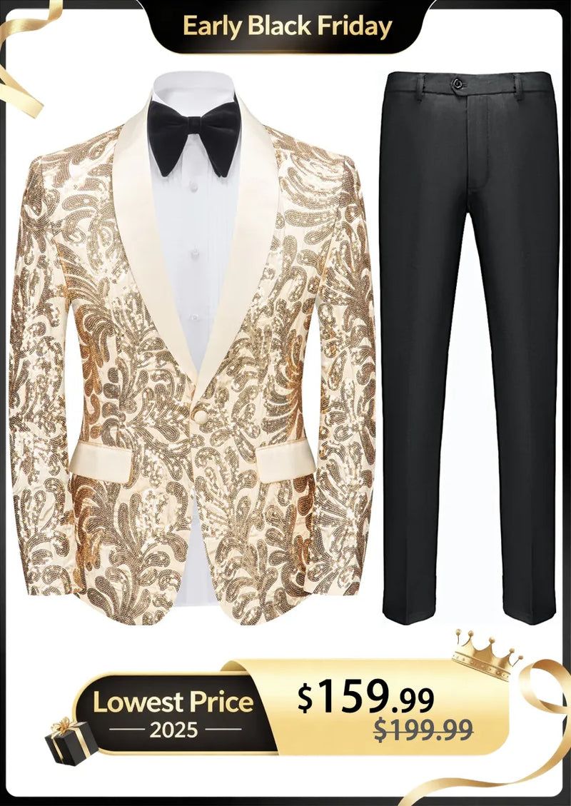 Men's 2-Piece Exquisite Shawl Lapel Floral Sequin Champagne Tuxedo