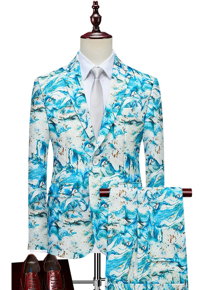 Blue and white floral patterned suit on a mannequin with shoes displayed below.