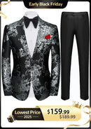 Esmoquin negro de dos piezas con diseño de peonías plateadas y jacquard para hombre