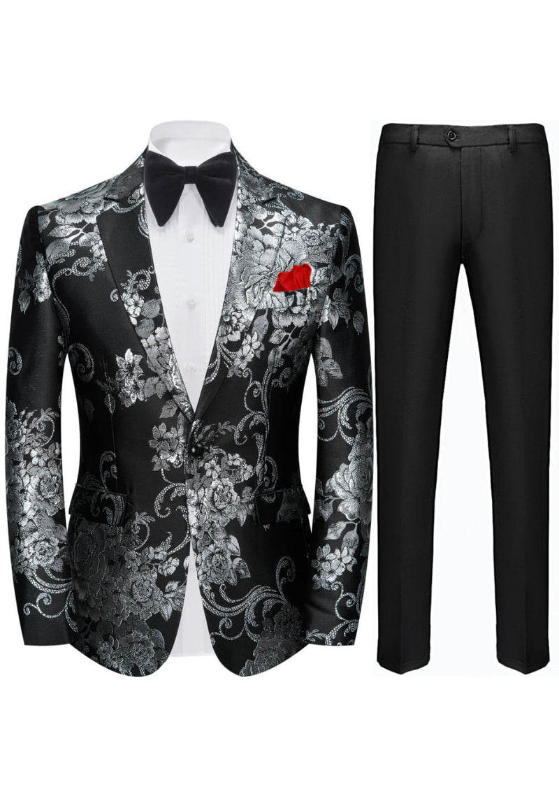 Men's 2-Piece Fashion Silver Peony Jacquard Black Tuxedo