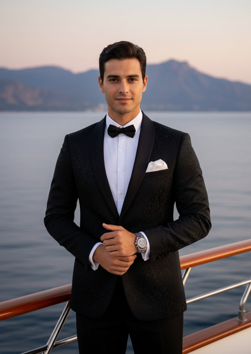 Costume 2 pièces noir pour homme avec broderie jacquard et cachemire