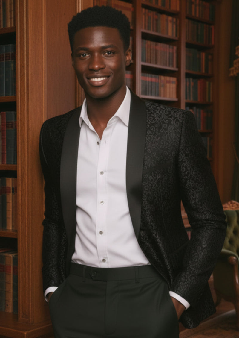 Costume 2 pièces noir pour homme avec broderie jacquard et cachemire