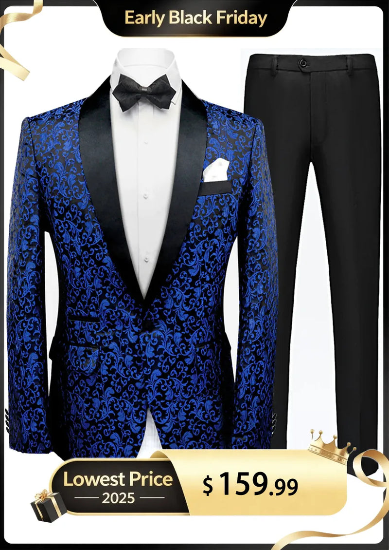 Men's 2-Piece Jacquard Embroidery Paisley Navy Blue Suit