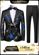 Men's 2-Piece Large Collar Unique Blue Bird Embroidery Suit