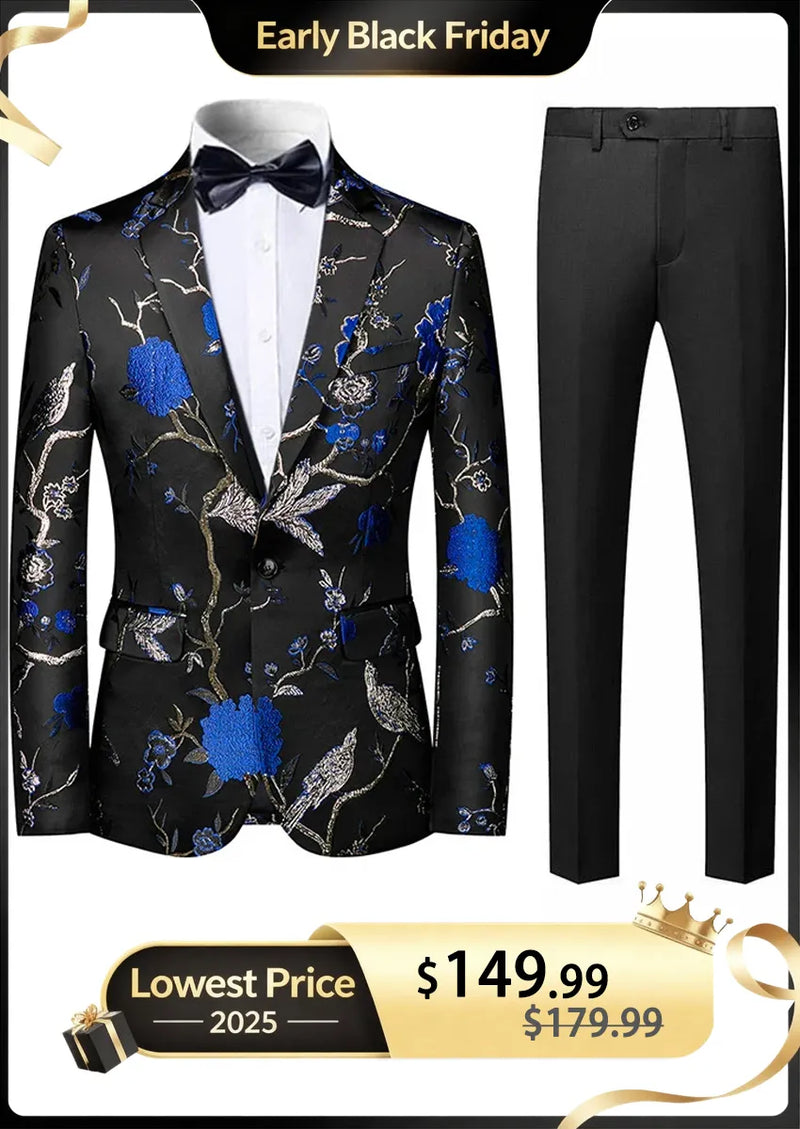 Men's 2-Piece Large Collar Unique Blue Bird Embroidery Suit